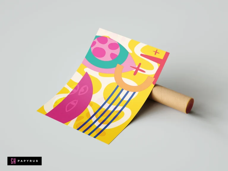 Vibrant abstract geometric art poster with pink, yellow, and teal patterns, displayed on a mailing tube. Modern wall decor featuring bold shapes and colors.