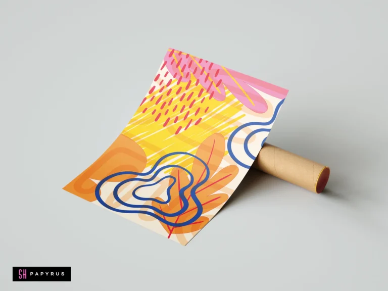 Vibrant modern abstract botanical poster featuring bright pink, yellow, and orange shapes with blue line art, shown resting on a cardboard shipping tube.