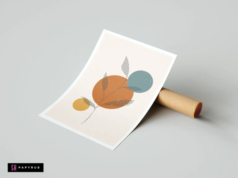 Abstract botanical wall art poster featuring boho minimalist geometric circles in terracotta, teal, and mustard yellow on a neutral background, displayed with a shipping tube.