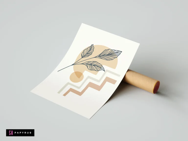 Abstract botanical leaf wall art in a boho style, featuring navy line art over beige and terracotta geometric shapes on cream paper.