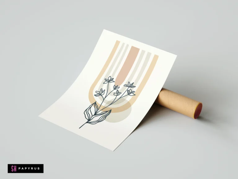 Minimalist boho wall art print with abstract earth-tone rainbow and black line art floral botanical design, displayed on a cardboard tube.