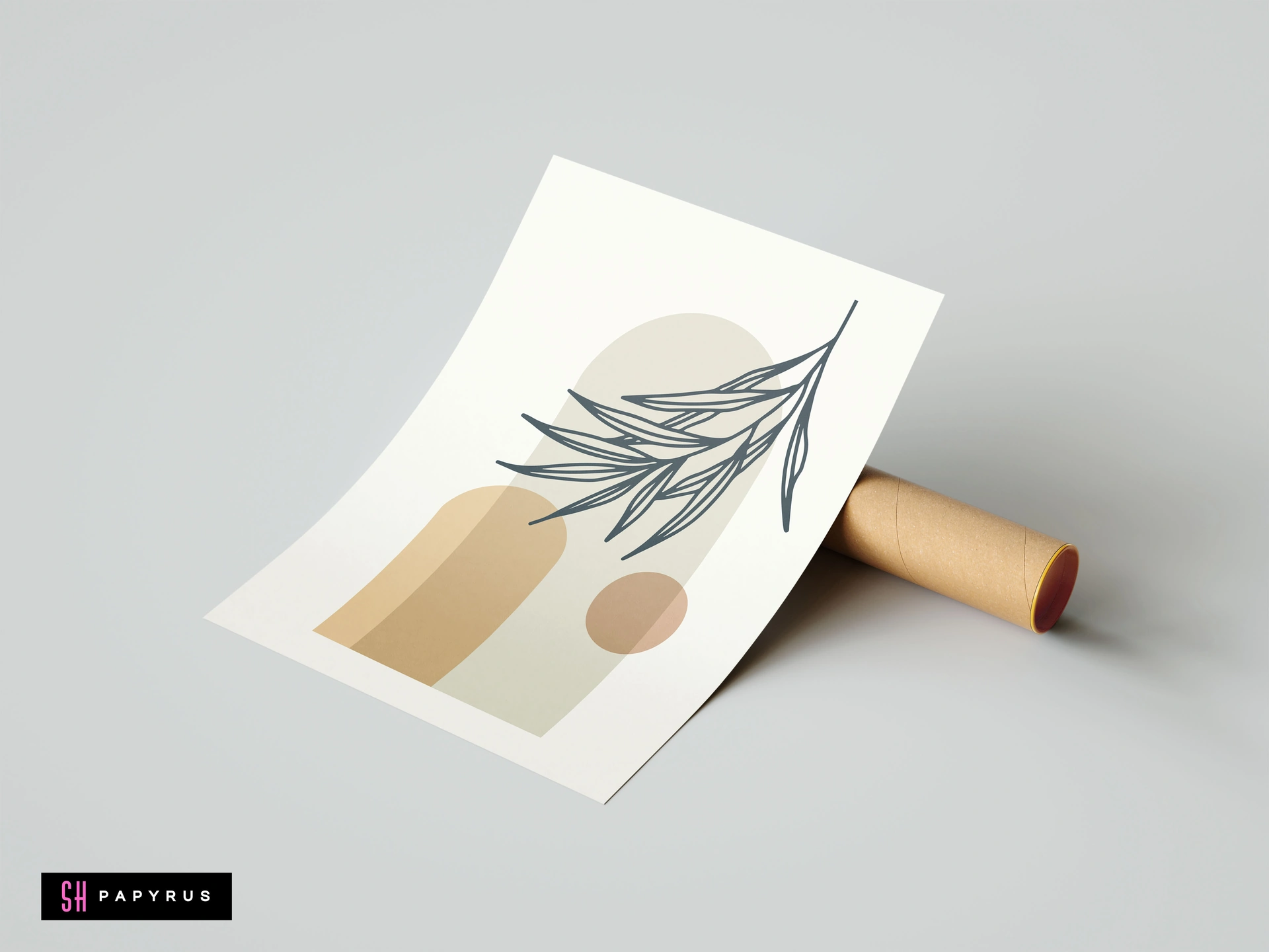 Minimalist boho wall art featuring abstract arches in earthy tones with a botanical leaf line drawing, displayed leaning against a cardboard tube.