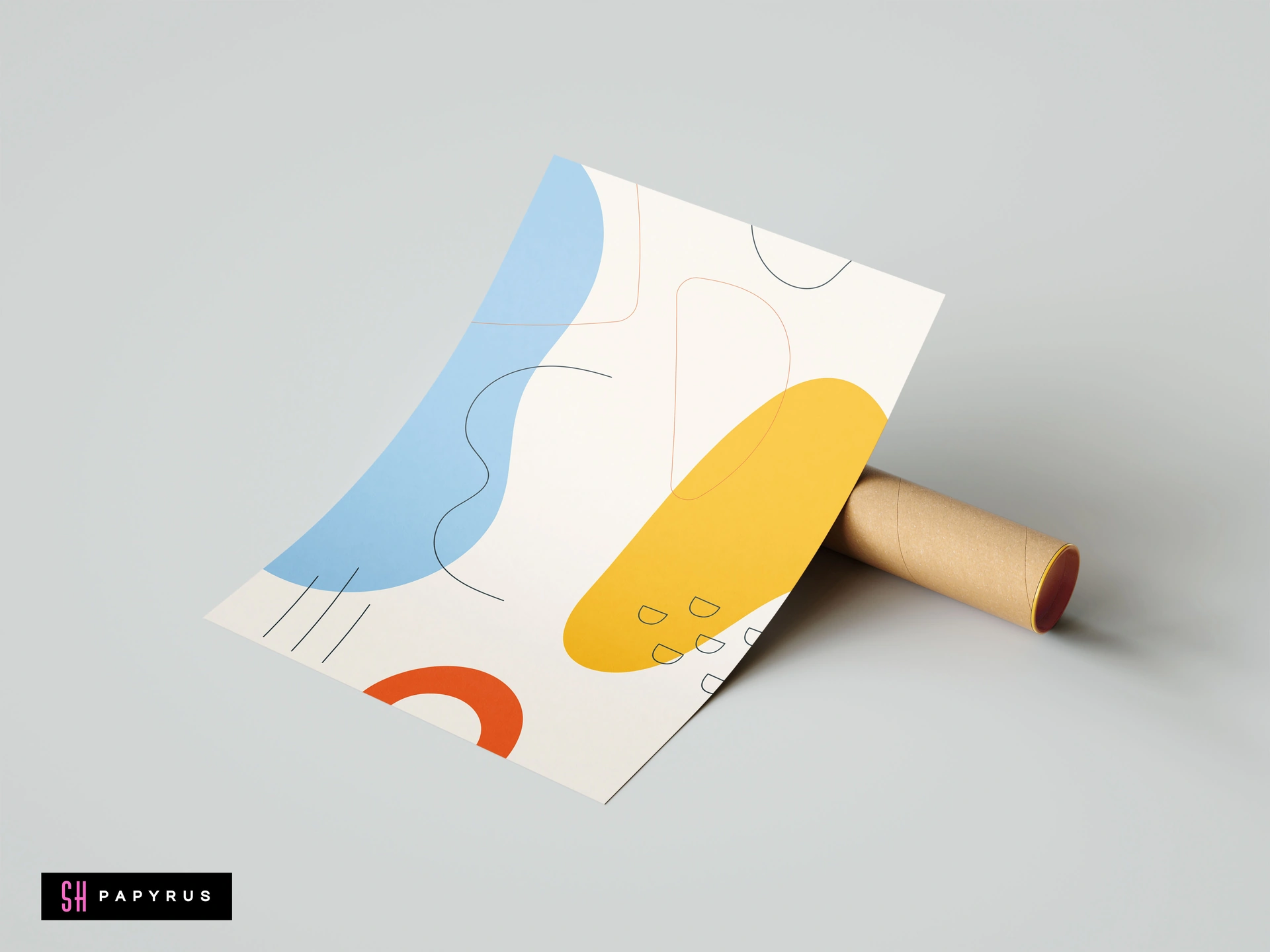 Minimalist abstract wall art poster featuring organic shapes in blue, yellow, and orange on a cream background, displayed with a cardboard mailing tube.