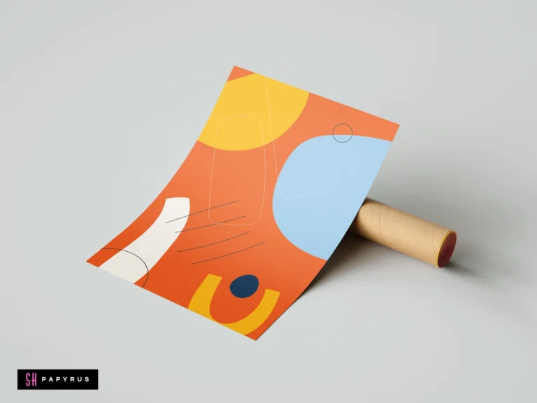 Modern abstract shapes art print with vibrant orange, yellow, and blue minimalist designs, shown as a physical poster leaning on a mailing tube.