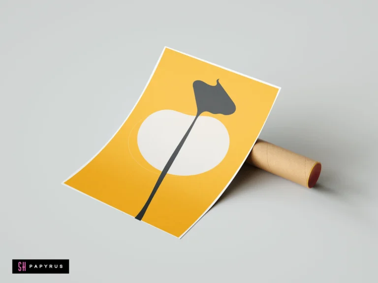 Minimalist yellow abstract flower wall art print with modern black and white shapes, resting on a cardboard tube against a neutral background.
