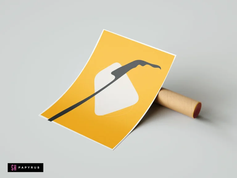 Minimalist abstract wall art print featuring a bold yellow background with a white shape and a sharp black line in a modern graphic style.
