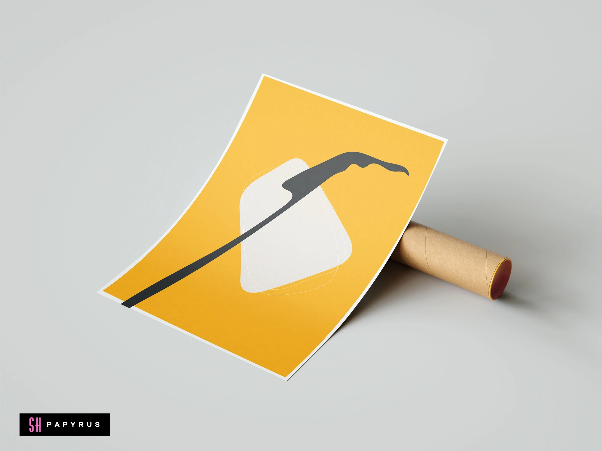Minimalist abstract wall art print featuring a bold yellow background with a white shape and a sharp black line in a modern graphic style.