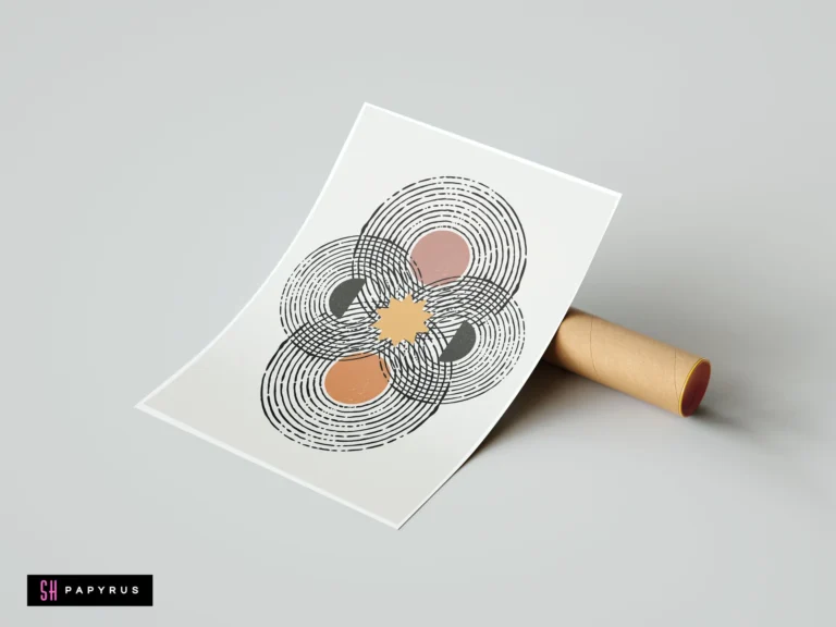 Minimalist boho wall poster featuring abstract concentric circles, a mustard sun, and terracotta geometric shapes in an earthy, modern style.