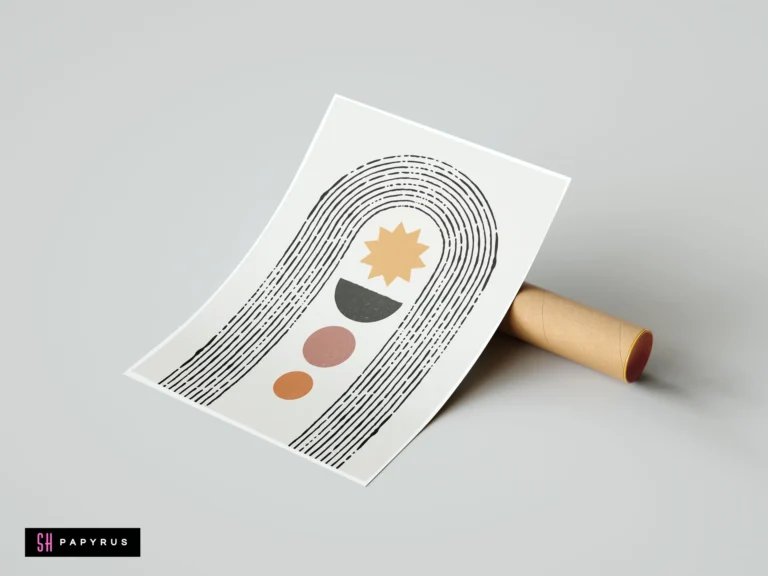 Minimalist boho wall art print with black abstract arch, yellow sun, and earthy geometric shapes, leaning on a cardboard mailing tube.