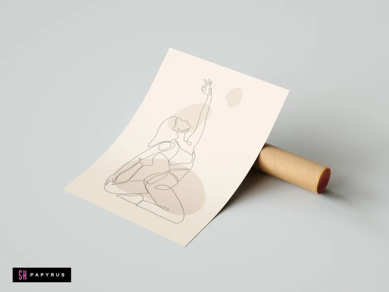 Minimalist line art poster featuring a yoga woman in a zen pose with abstract shapes on a beige background for home decor.