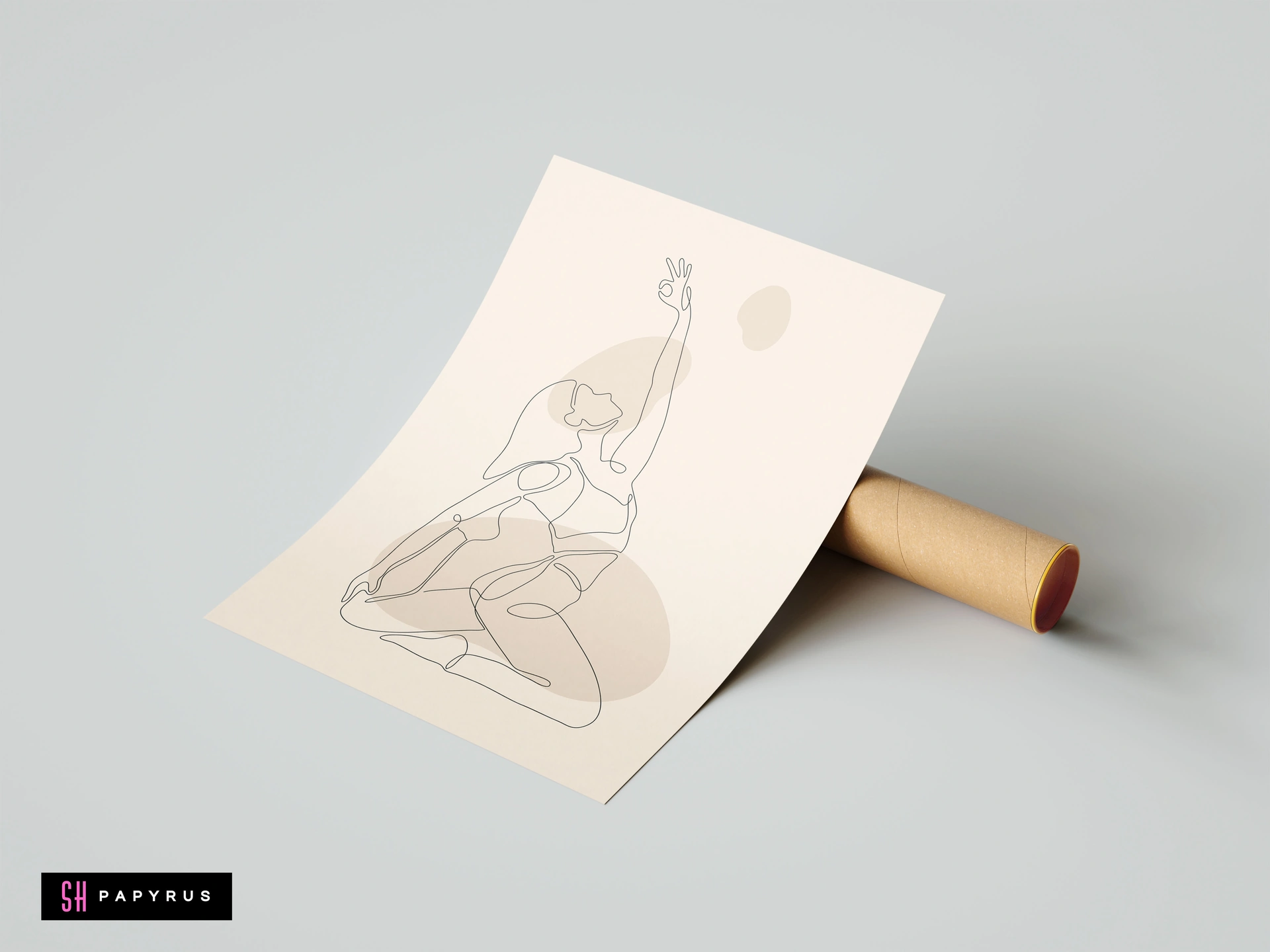 Minimalist line art poster featuring a yoga woman in a zen pose with abstract shapes on a beige background for home decor.