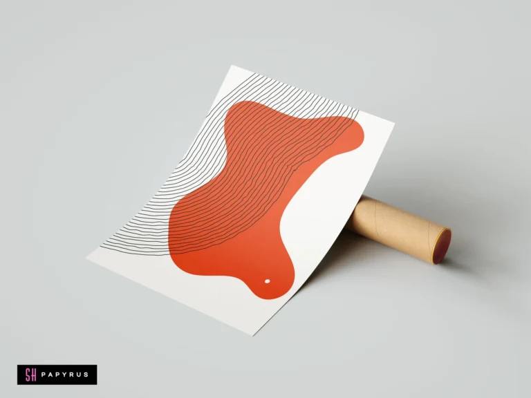 Modern minimalist wall art print featuring a terracotta organic blob and black line patterns on white paper, leaning against a cardboard mailing tube.