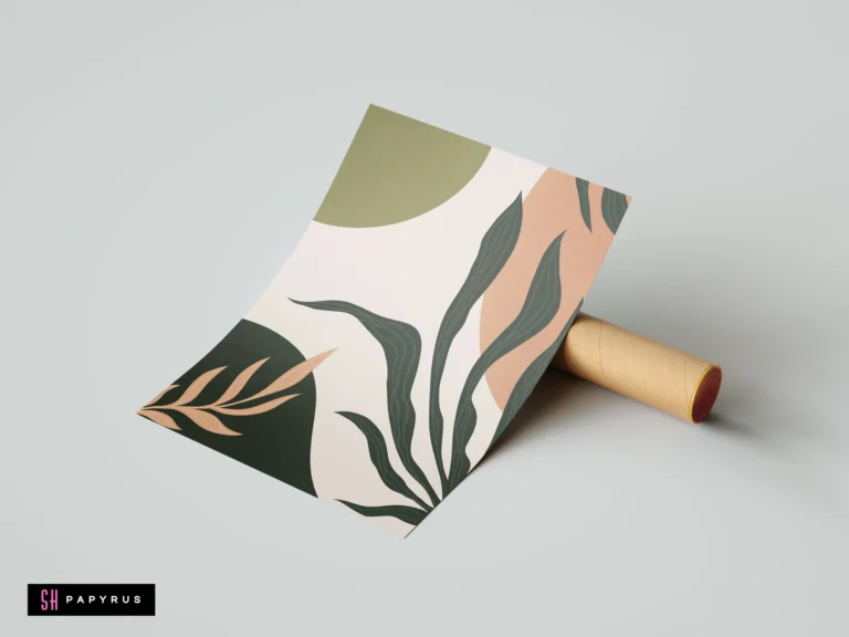 Minimalist abstract botanical leaf wall art print featuring sage green and peach organic shapes and foliage on a cream background.