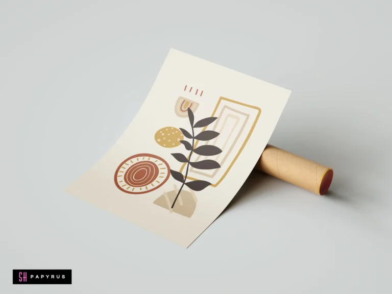 Modern abstract boho botanical poster art in earth tones featuring minimalist geometric shapes and leaf designs on a cream background.