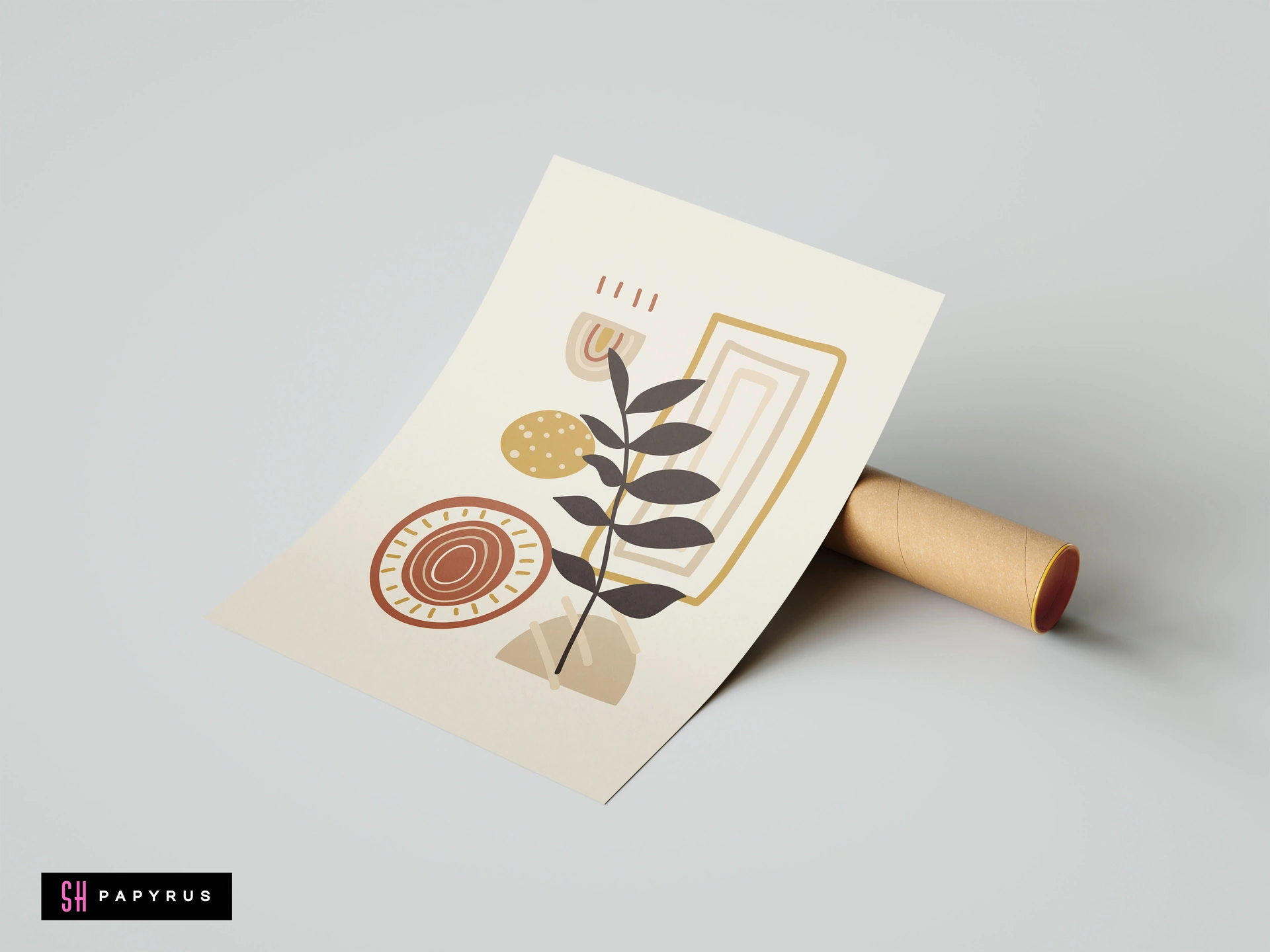Modern abstract boho botanical poster art in earth tones featuring minimalist geometric shapes and leaf designs on a cream background.