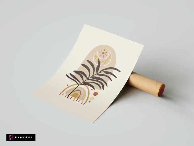 Boho minimalist wall art print featuring a palm leaf, celestial sun, and moon in earthy terracotta and tan tones on a cream background.
