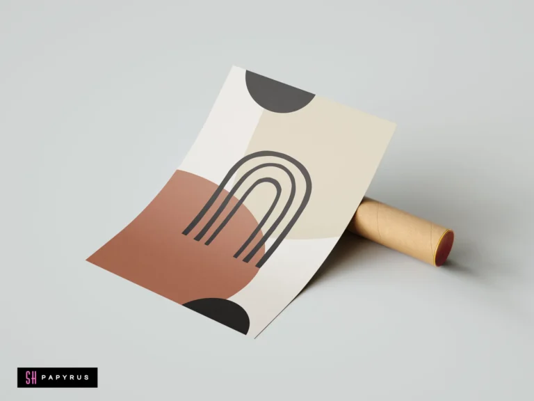 Mid-century modern wall art print with abstract terracotta and beige geometric shapes and a black arched line design on a cream background.