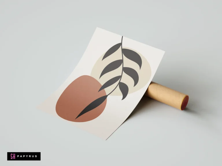 Modern abstract botanical leaf wall art print featuring earthy terracotta and beige shapes with charcoal foliage in a minimalist boho style.