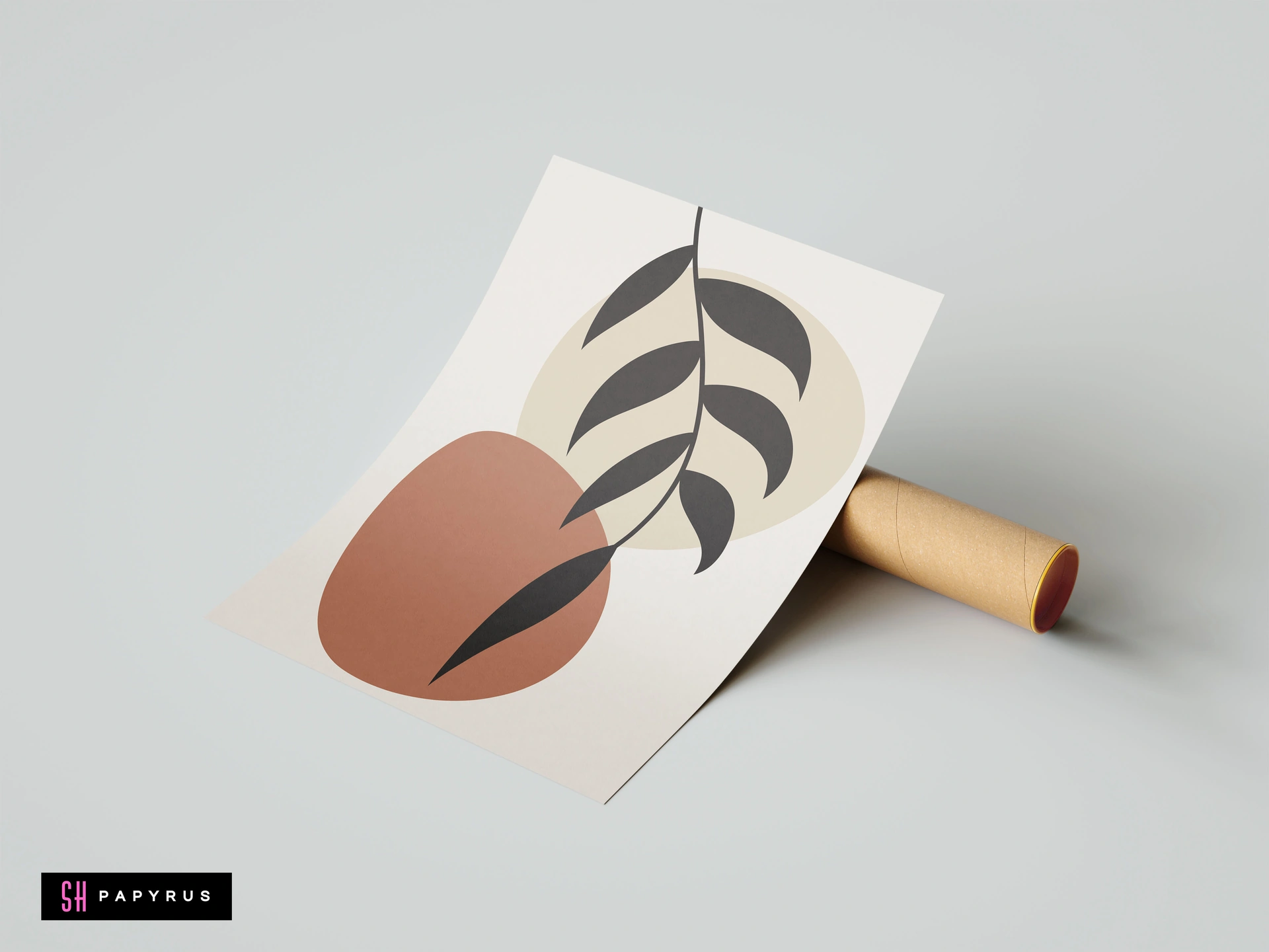 Modern abstract botanical leaf wall art print featuring earthy terracotta and beige shapes with charcoal foliage in a minimalist boho style.