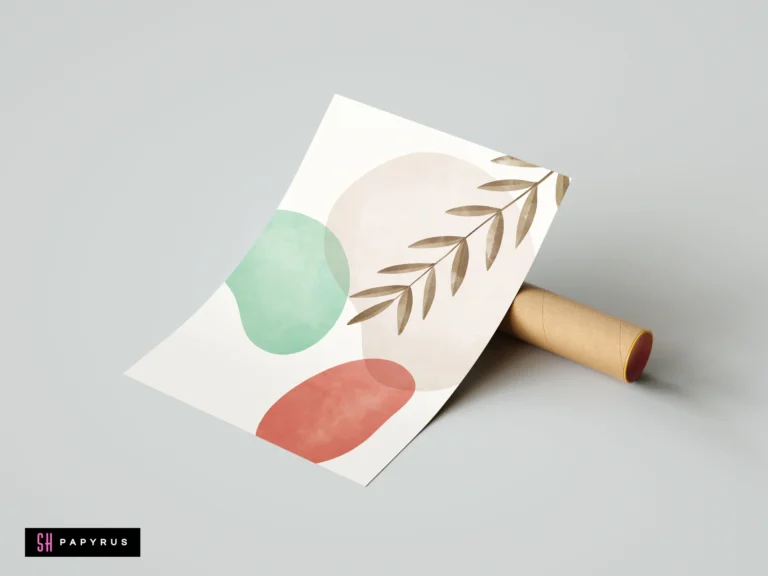 Modern boho wall art print featuring a watercolor leaf branch over abstract earthy shapes in terracotta, sage green, and beige.