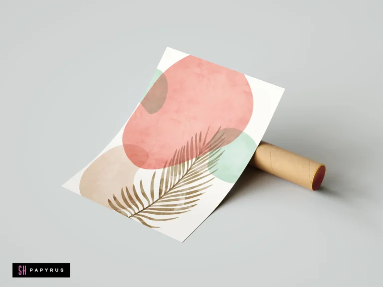 Modern abstract art print with a brown palm leaf overlaying soft pastel pink and mint organic shapes in a minimalist boho watercolor style.