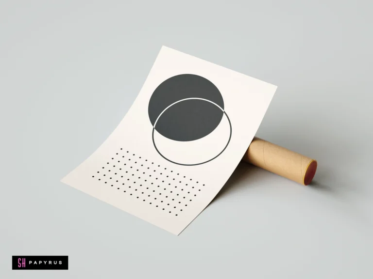 Modern black and white abstract geometric wall art print featuring overlapping circles and a dotted grid, shown leaning against a mailing tube.