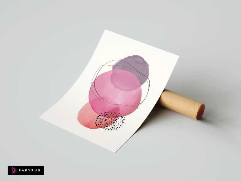 Minimalist wall art print featuring overlapping pink and purple watercolor circles, delicate black line art, and speckled ink dots in a modern abstract style.