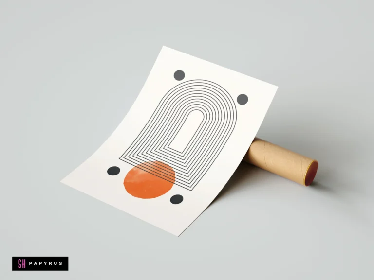 Minimalist mid-century boho art print featuring black geometric arches and a burnt orange sun on white background, displayed with a cardboard mailing tube.