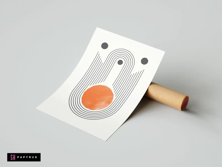 Minimalist terracotta sun and arch abstract wall art print on white paper, leaning against a cardboard mailing tube on a grey background.