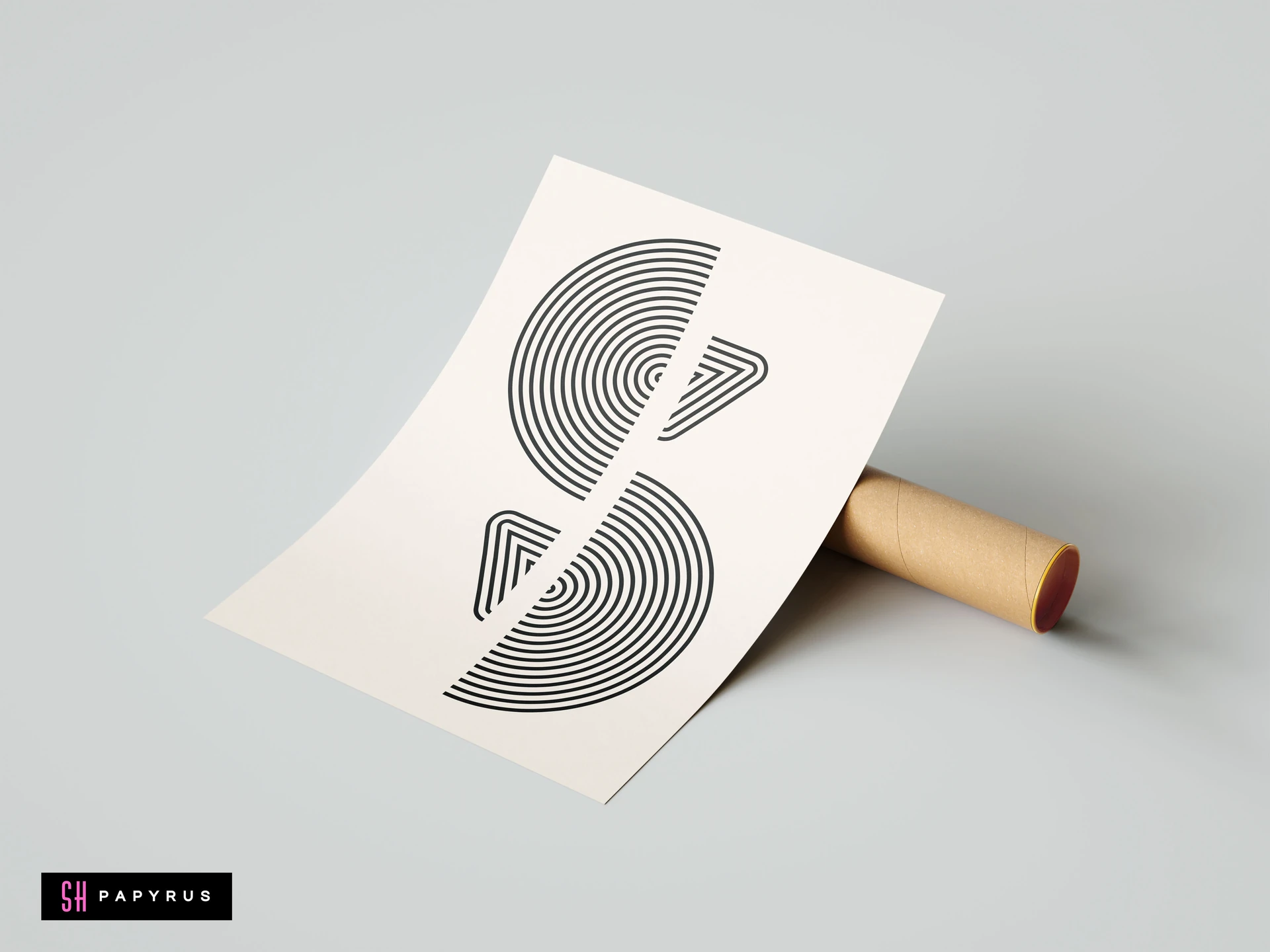 Minimalist black and cream wall art print with geometric abstract line patterns, resting on a cardboard mailing tube against a neutral grey background.