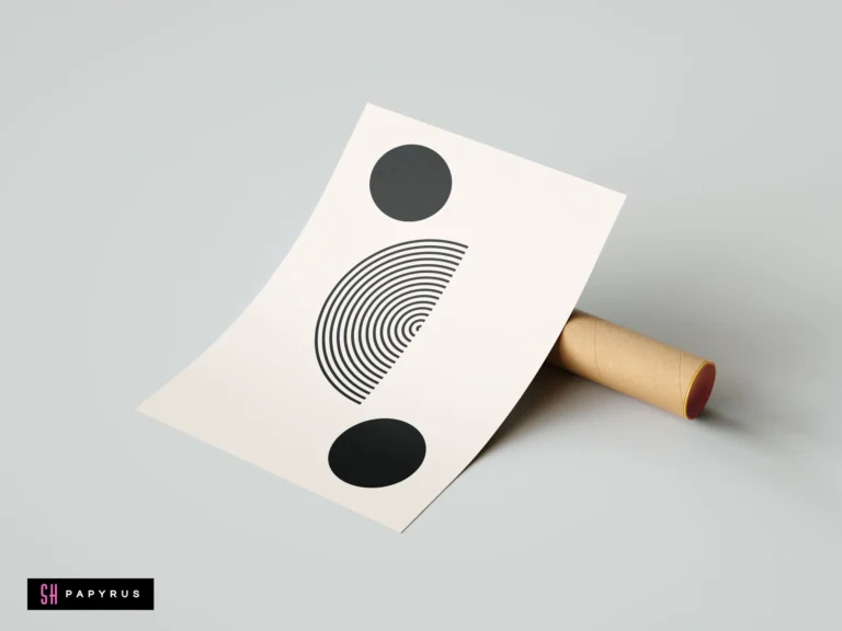 Minimalist wall art print featuring black geometric circles and concentric line patterns on a cream background, displayed next to a shipping tube.
