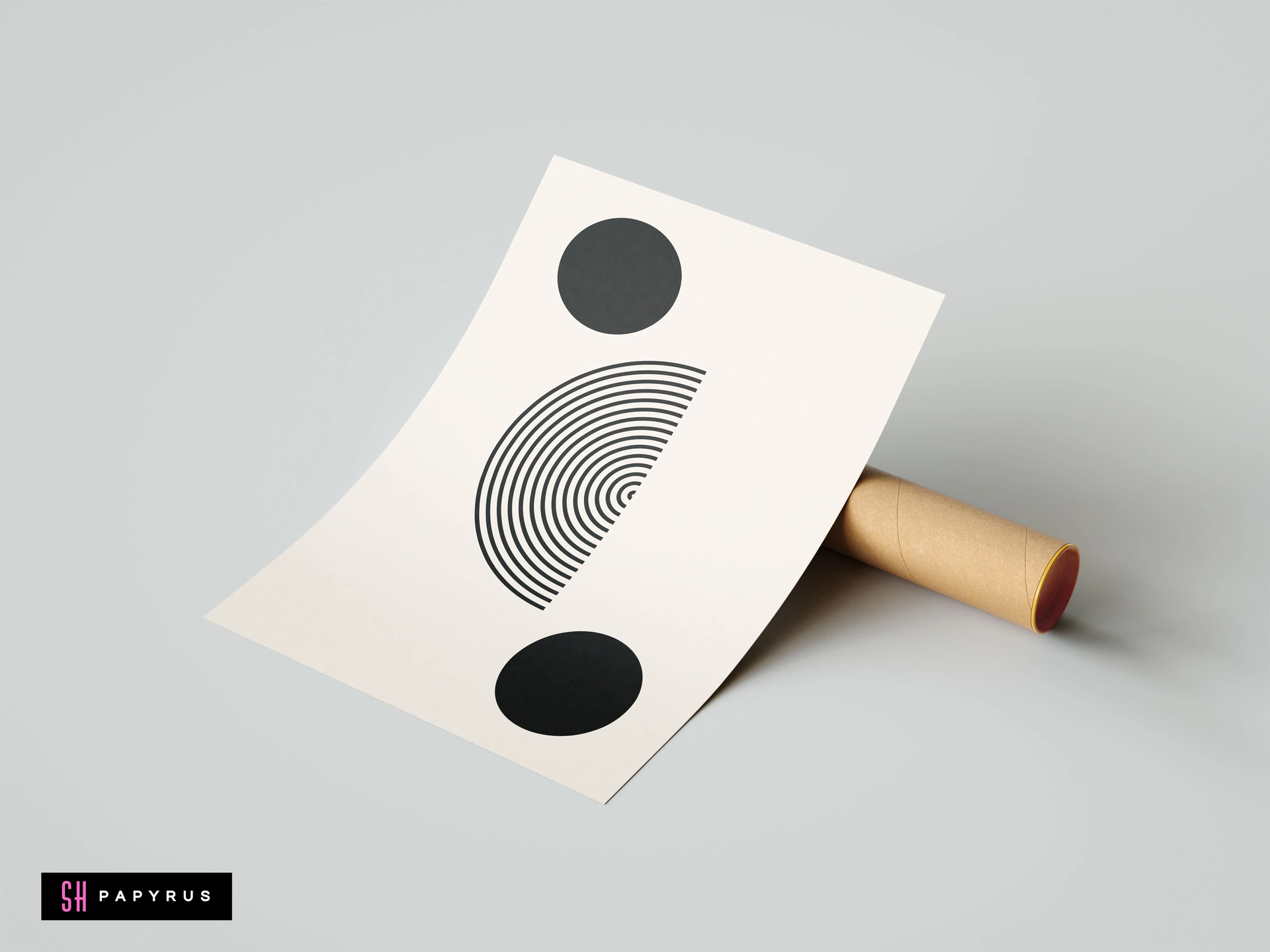 Minimalist wall art print featuring black geometric circles and concentric line patterns on a cream background, displayed next to a shipping tube.