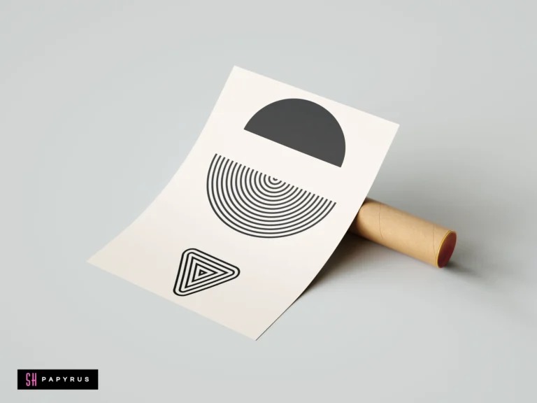 Abstract mid-century modern wall art print with black geometric semi-circle and triangle designs on cream background, displayed next to a cardboard mailing tube.