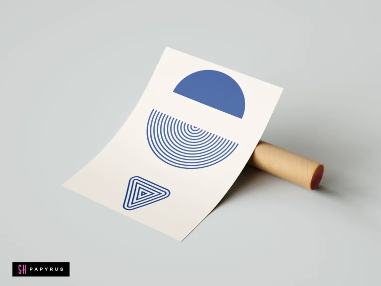 Modern minimalist wall art print featuring blue geometric abstract shapes including semi-circles and a triangle on white paper, leaning against a shipping tube.