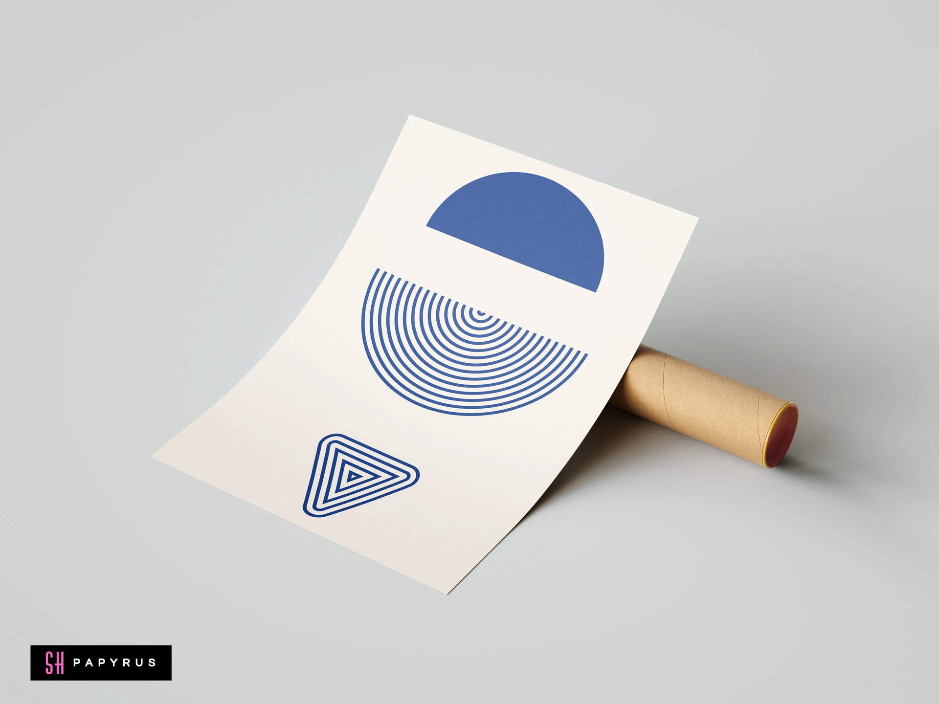 Modern minimalist wall art print featuring blue geometric abstract shapes including semi-circles and a triangle on white paper, leaning against a shipping tube.