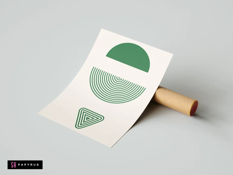 Minimalist emerald green geometric wall art print with semicircle and triangle shapes on cream paper, resting against a cardboard shipping tube.