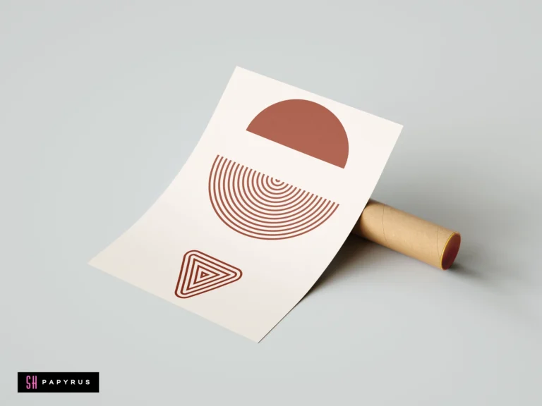 Abstract mid-century modern terracotta wall art featuring geometric shapes on cream paper, resting against a cardboard mailing tube.