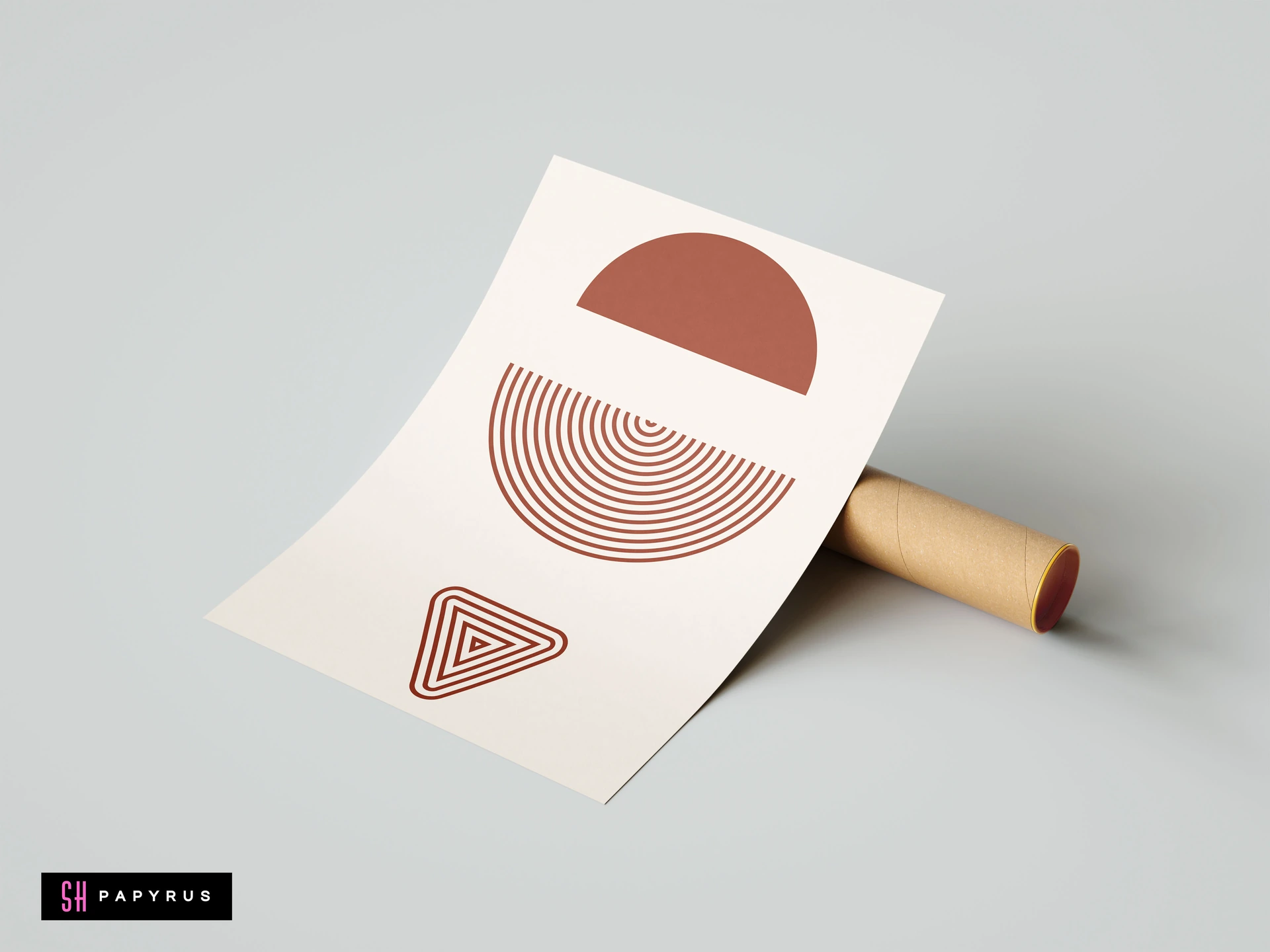 Abstract mid-century modern terracotta wall art featuring geometric shapes on cream paper, resting against a cardboard mailing tube.