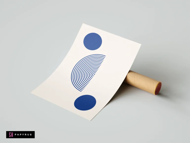 Modern minimalist wall art poster with blue geometric circles and concentric arches on a white background, shown with a cardboard shipping tube.