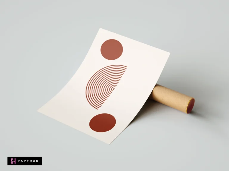 Minimalist terracotta abstract wall art print with burnt orange circles and arched lines on cream paper, shown with a cardboard shipping tube.