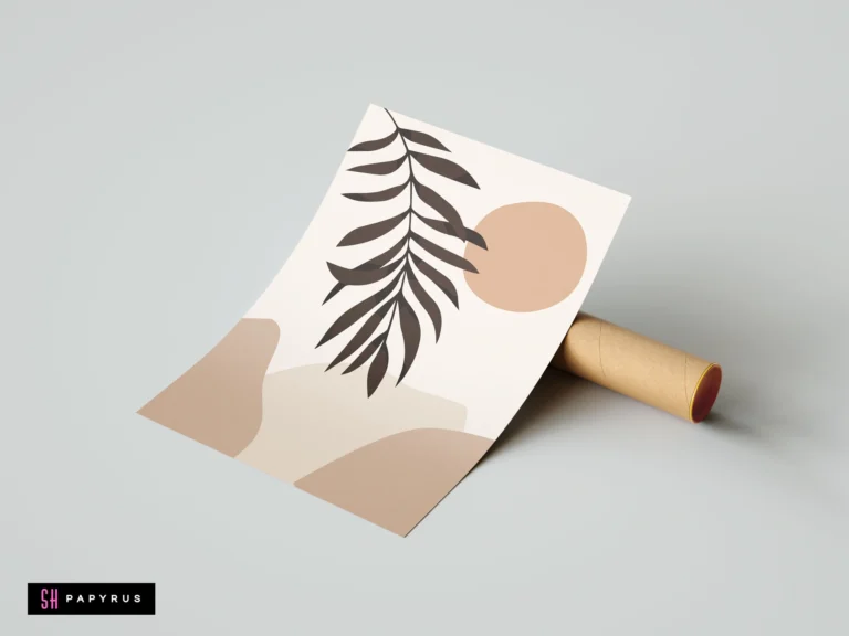Minimalist palm leaf abstract wall art print featuring a dark leaf silhouette on a beige background with earth-toned organic shapes and circles.