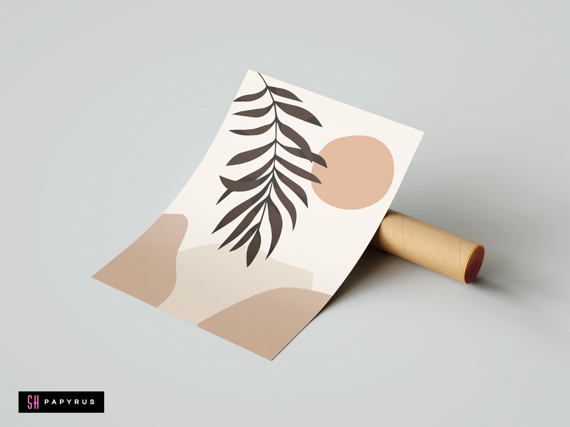 Minimalist palm leaf abstract wall art print featuring a dark leaf silhouette on a beige background with earth-toned organic shapes and circles.