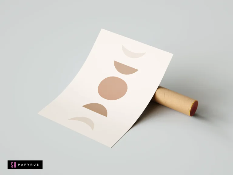Minimalist moon phases wall art print featuring earthy terracotta and tan tones on beige paper, displayed with a cardboard shipping tube in boho style.
