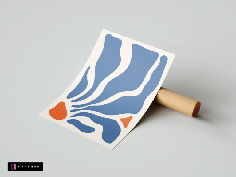 Matisse-inspired abstract wall art print with flowing blue leaf shapes and orange accents on an off-white background, resting against a cardboard shipping tube.