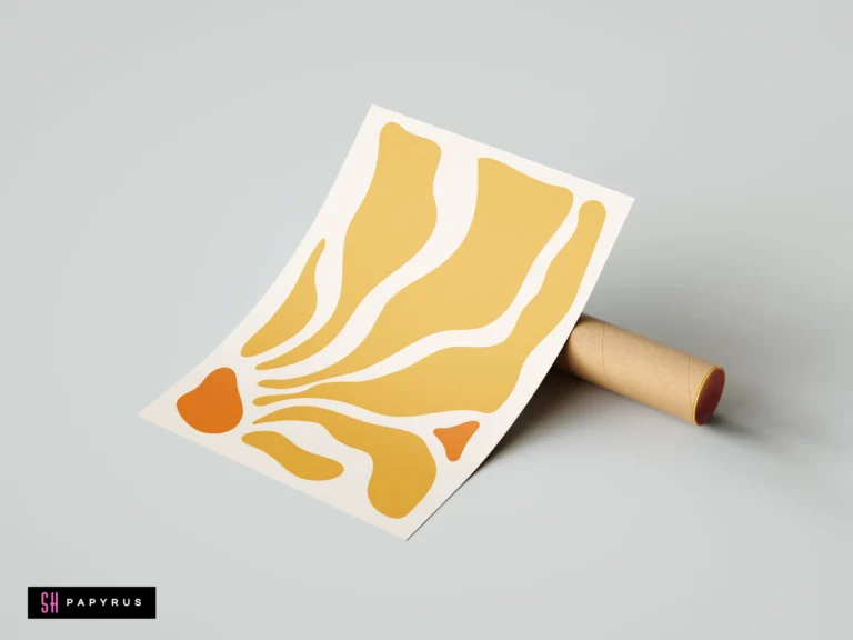 Vibrant yellow and orange abstract organic shapes wall art poster with minimalist fluid design on a cream background.
