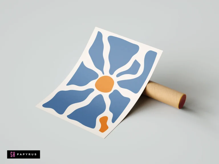 Minimalist Matisse-inspired art print with abstract blue floral petals and an orange center on a white background, leaning against a mailing tube.