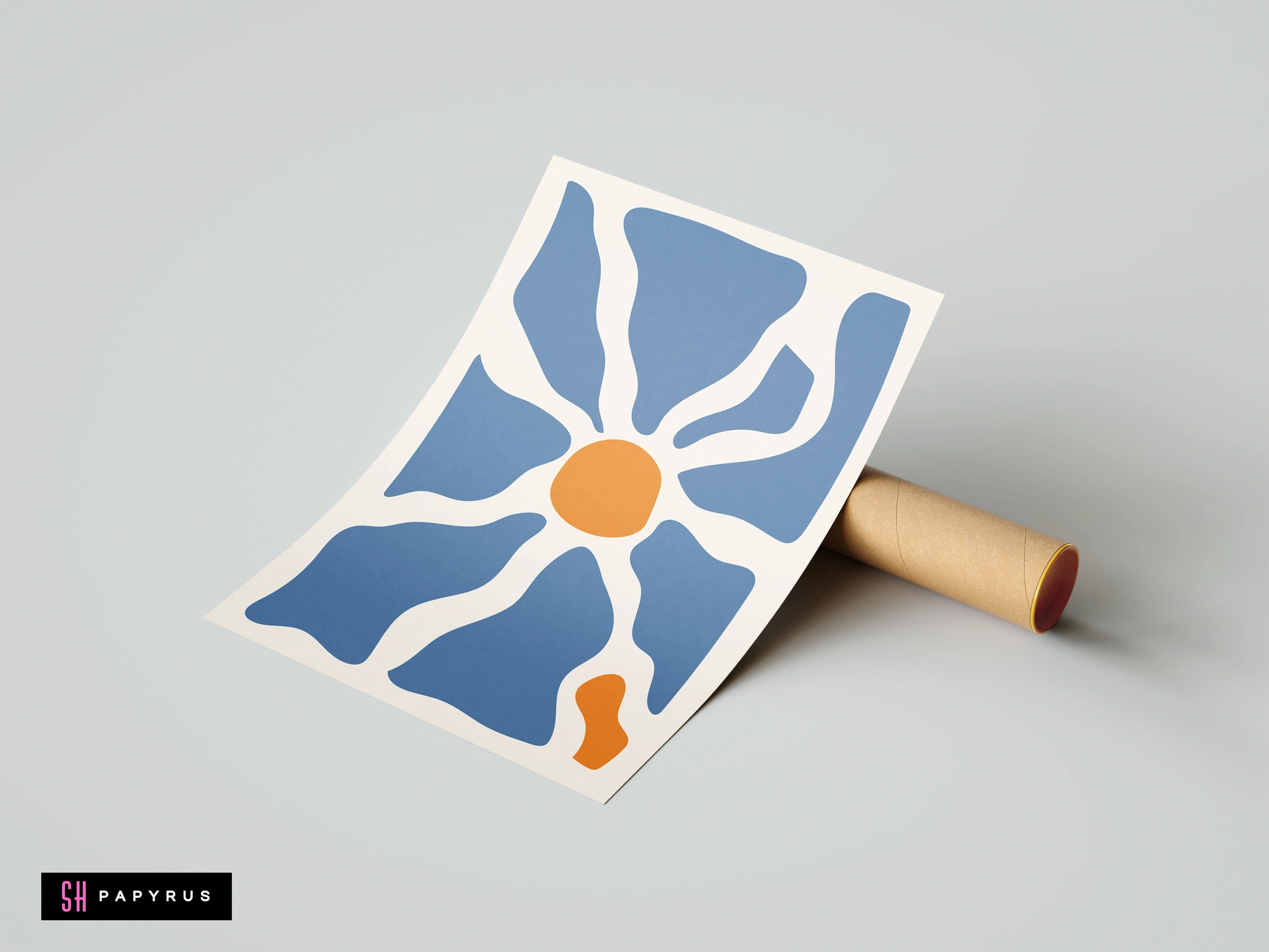 Minimalist Matisse-inspired art print with abstract blue floral petals and an orange center on a white background, leaning against a mailing tube.