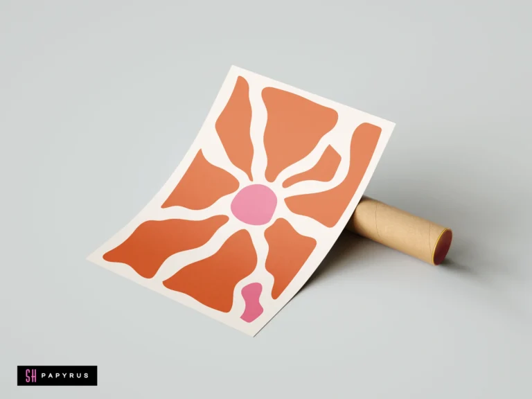 Matisse-inspired abstract flower wall art with terracotta and pink organic shapes on a white background, leaning against a cardboard poster tube.