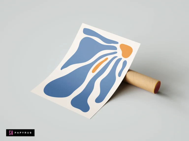 Abstract Matisse-style wall art print featuring blue and orange organic shapes on a cream background, leaning against a cardboard shipping tube.