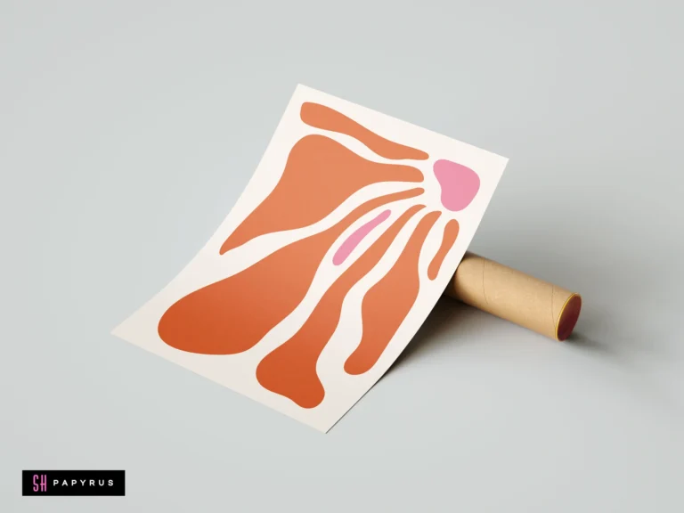 Minimalist Mid-Century Modern art print with abstract terracotta and pink organic shapes on a cream background, shown with a cardboard mailing tube.